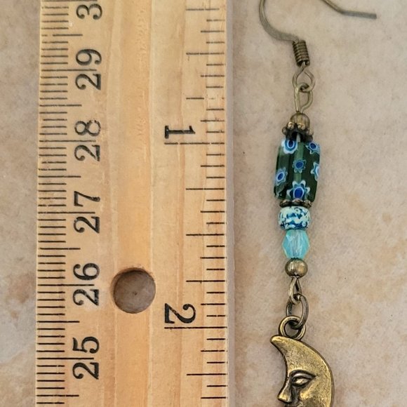 Crescent MOON Face Charm Earrings Millefiori Picasso Bronze Plated Hook Earwires - Picture 11 of 13